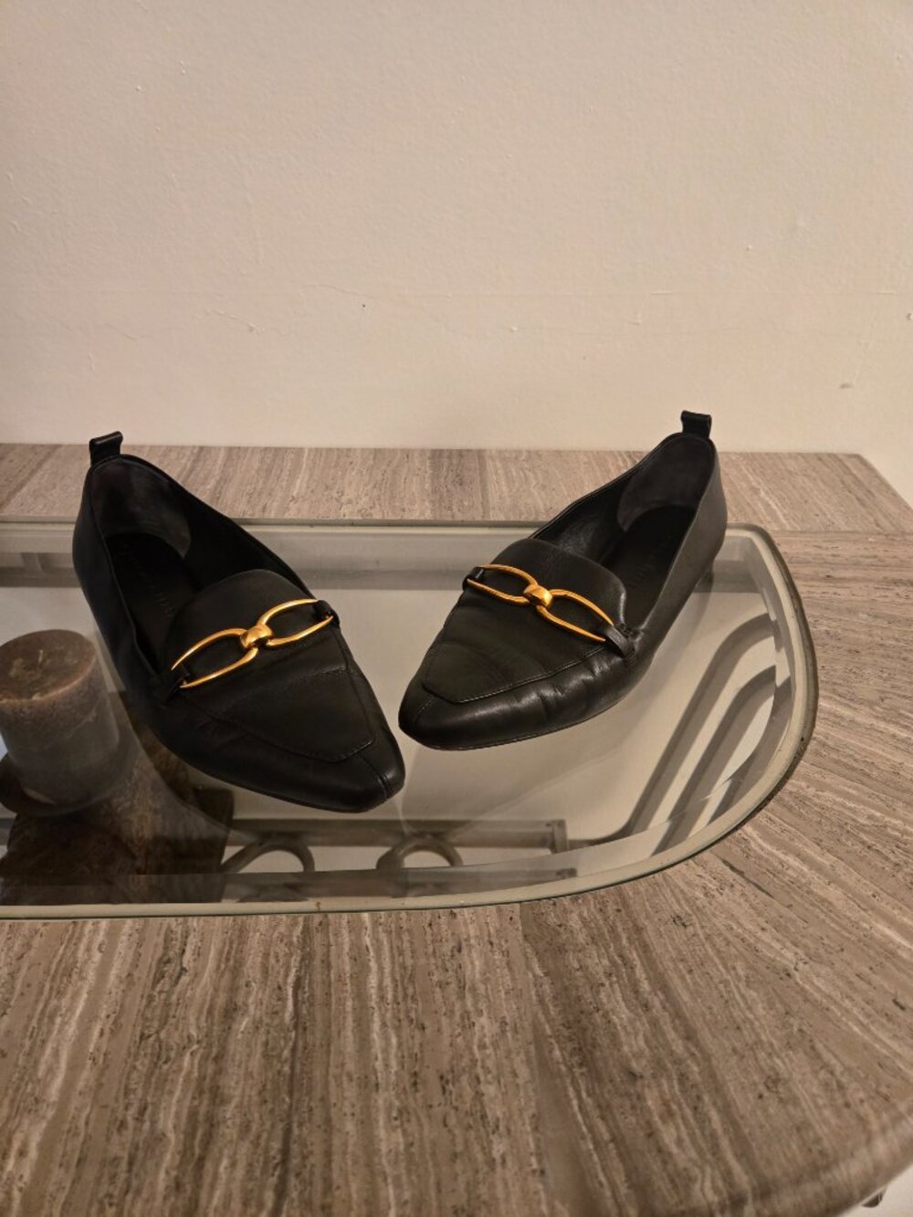 Veronica Beard Black Leather Pointed Loafers with Gold Horsebit - Picture 3 of 9